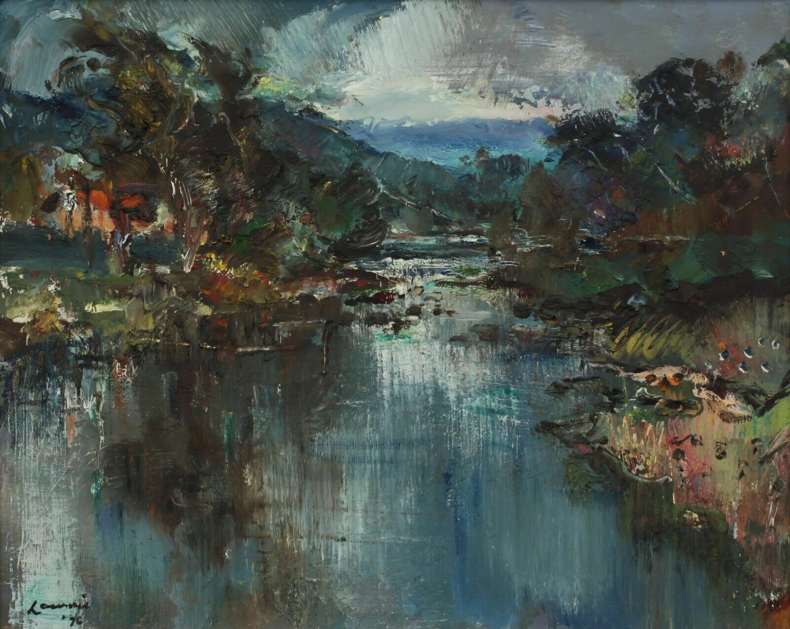 Oil On Board By Hamish Lawrie. River Scene photo furniture