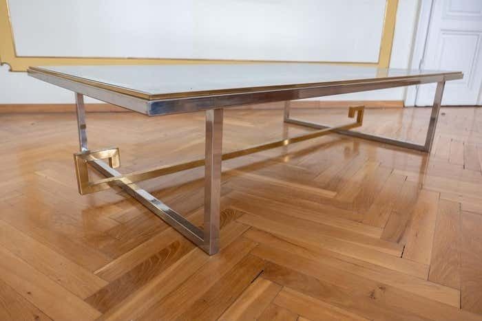 Mid Century Modern Brass Chrome Glass Marble Coffee Table, Italy 1970s photo vinterior