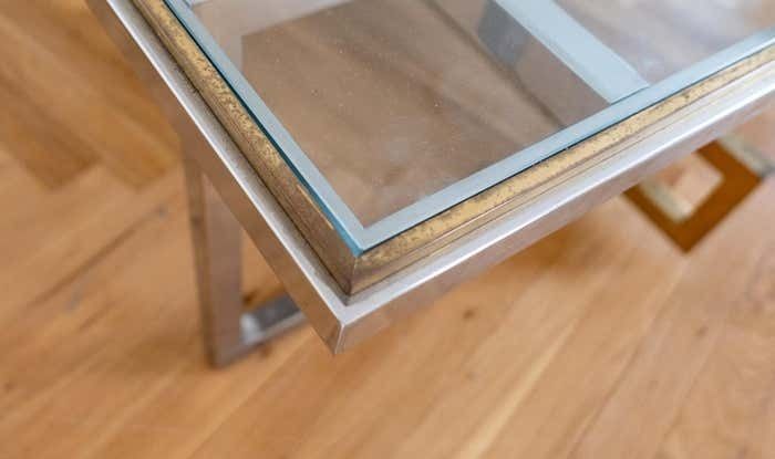 Mid Century Modern Brass Chrome Glass Marble Coffee Table, Italy 1970s photo vintage