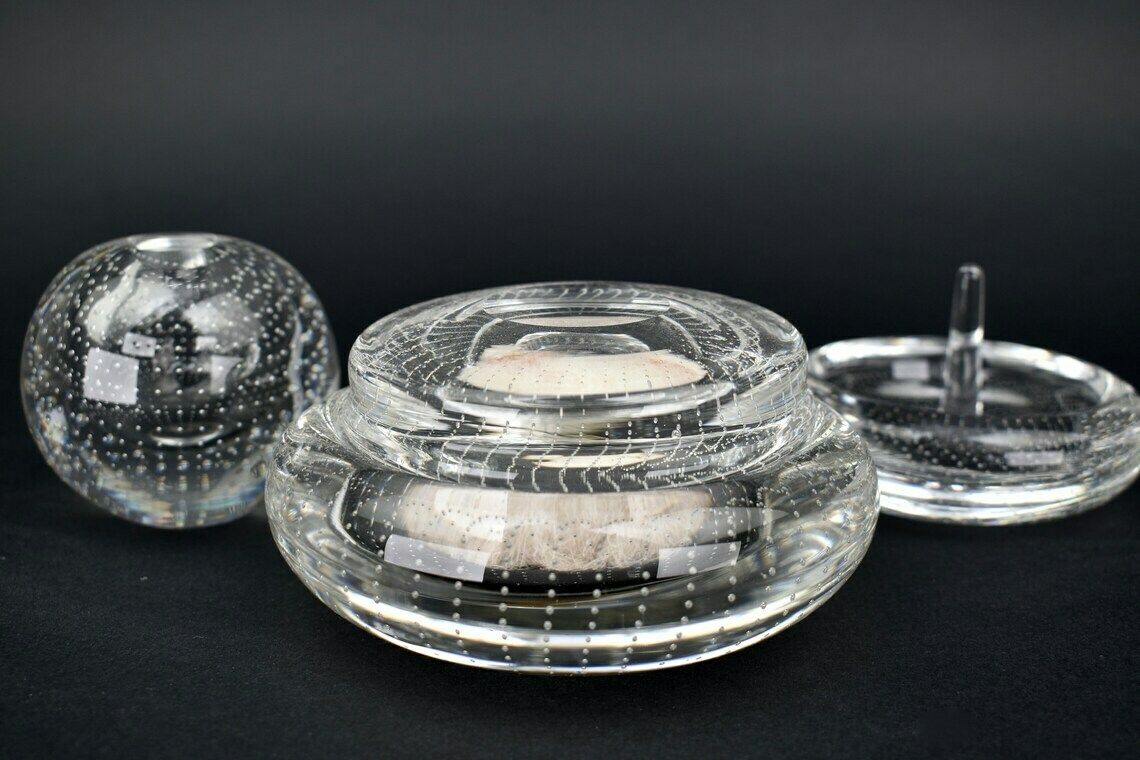 Mid Century Bullicante Vanity Set By A.D. Copier For Glasfabriek Leerdam Crystal "Spijker" Ring Holder Powder Box Vase  Murano Seguso photo for sale