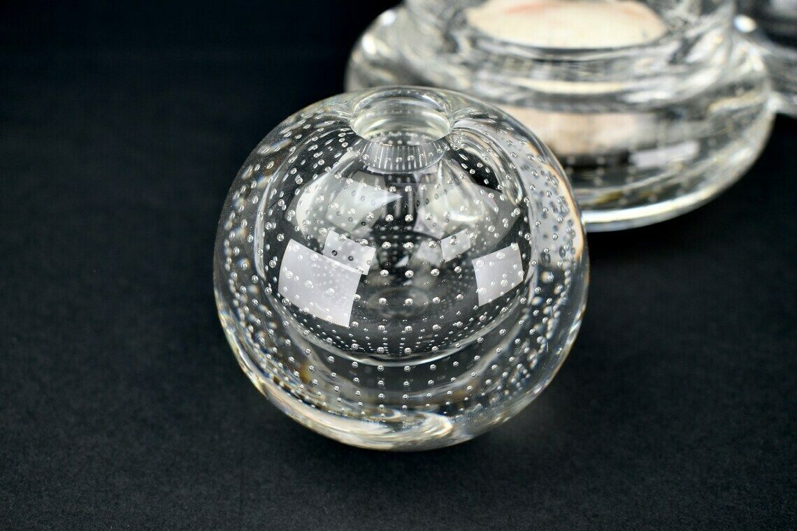 Mid Century Bullicante Vanity Set By A.D. Copier For Glasfabriek Leerdam Crystal "Spijker" Ring Holder Powder Box Vase  Murano Seguso photo Home Decor