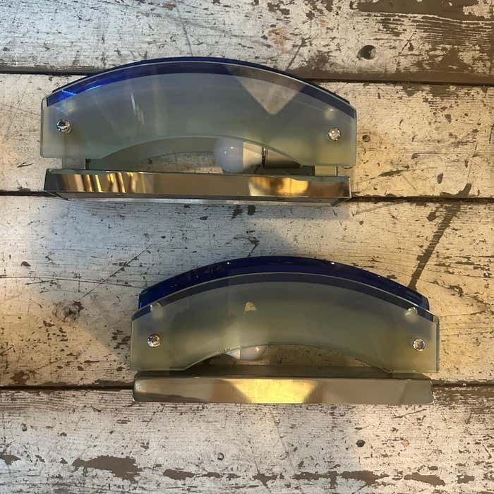 1960s Set Of Two Space Age Blue Heavy Glass Italian Wall Sconces By Veca photo vintage