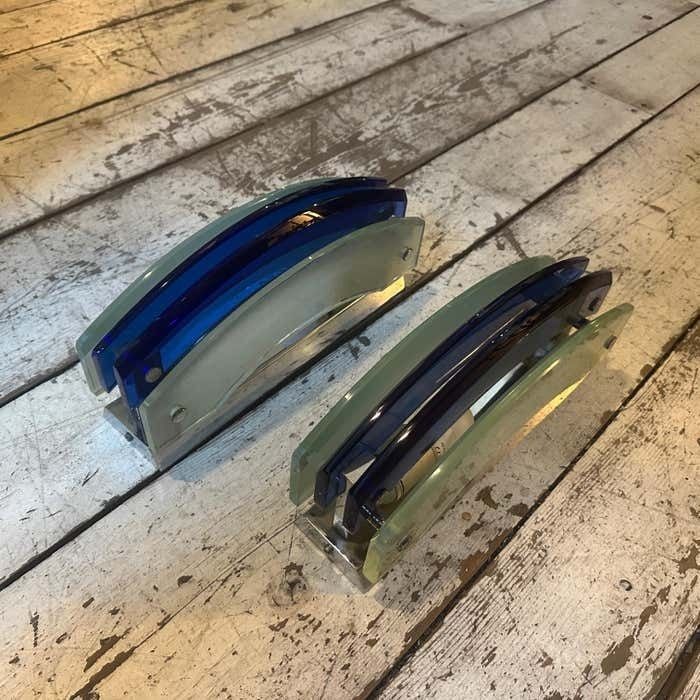 photo for sale 1960s Set Of Two Space Age Blue Heavy Glass Italian Wall Sconces By Veca