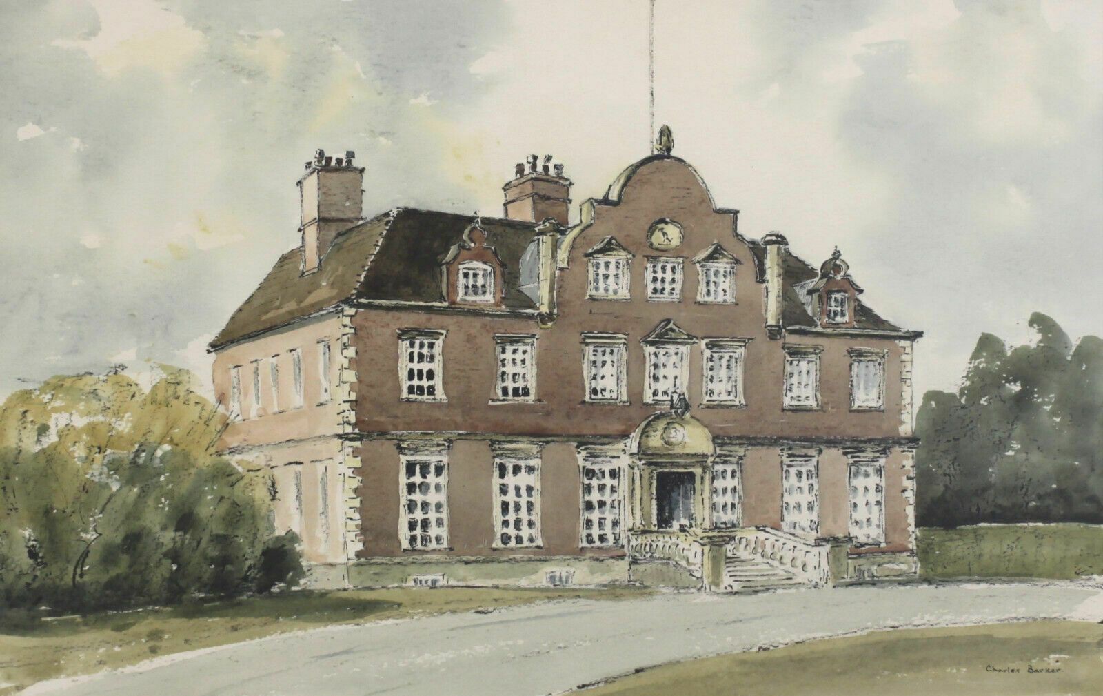 Watercolour By Charles Barker. Country House With Dutch Facade photo furniture