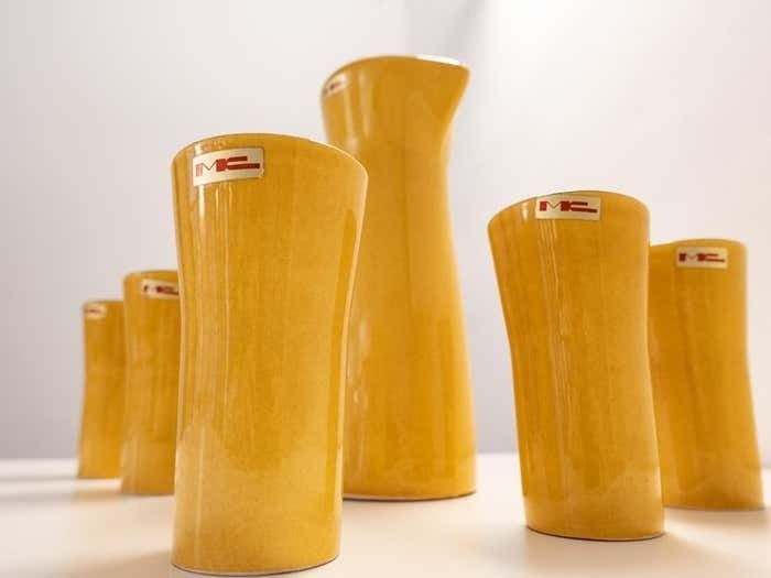 Mid Century Yellow Carafe Set With 5 Cups In Glazed Ceramic, France 1970s photo Home Decor