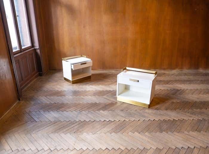 Pair Of White And Gold Bedside Tables By Luciano Frigerio, Italy 1970 photo for sale