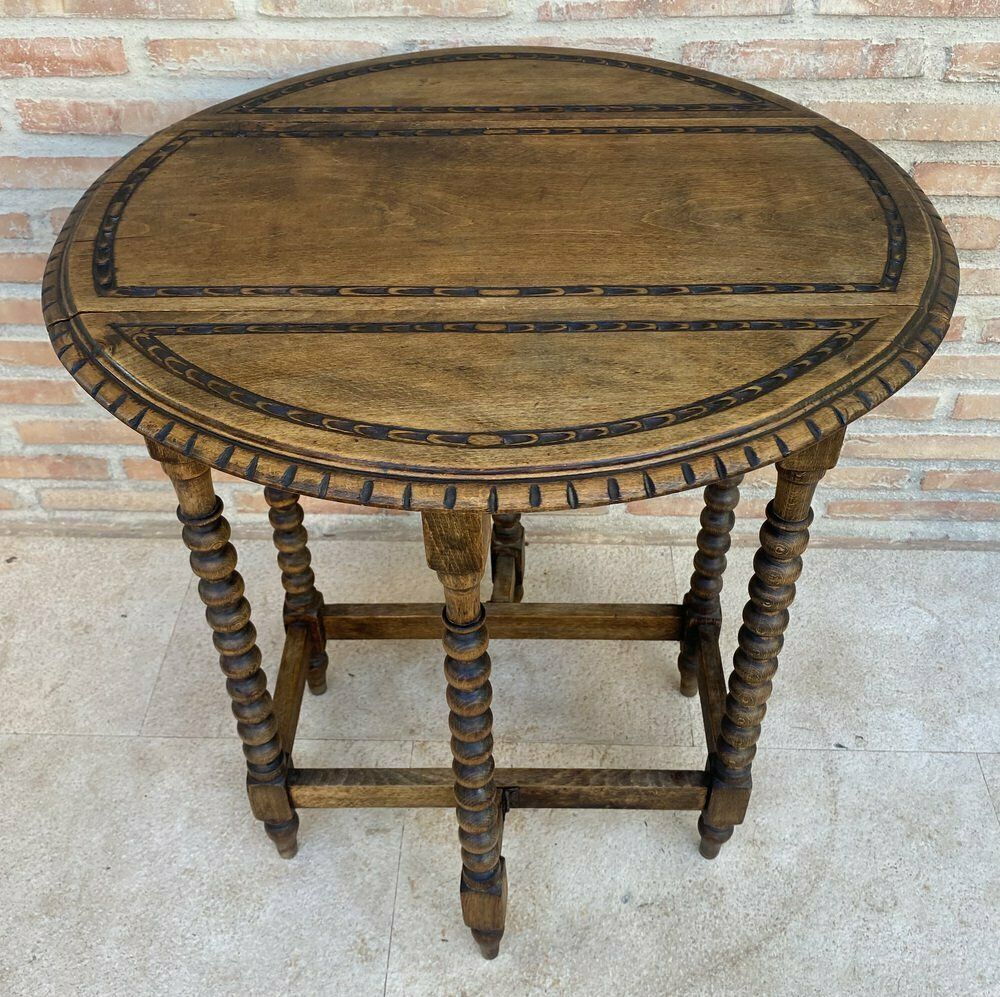 Round Folding Center Oak Table With Carved Top And Solomonic Legs, 1940s photo Furniture