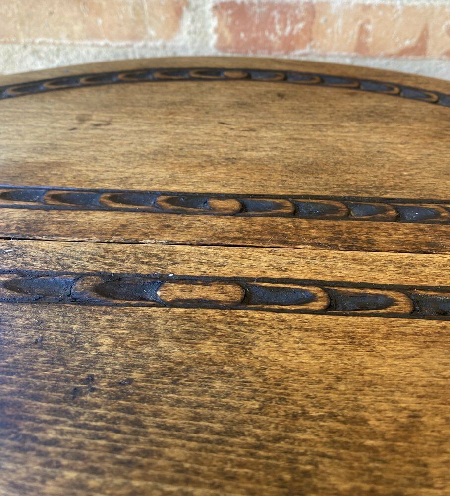 Furniture Round Folding Center Oak Table With Carved Top And Solomonic Legs, 1940s photo