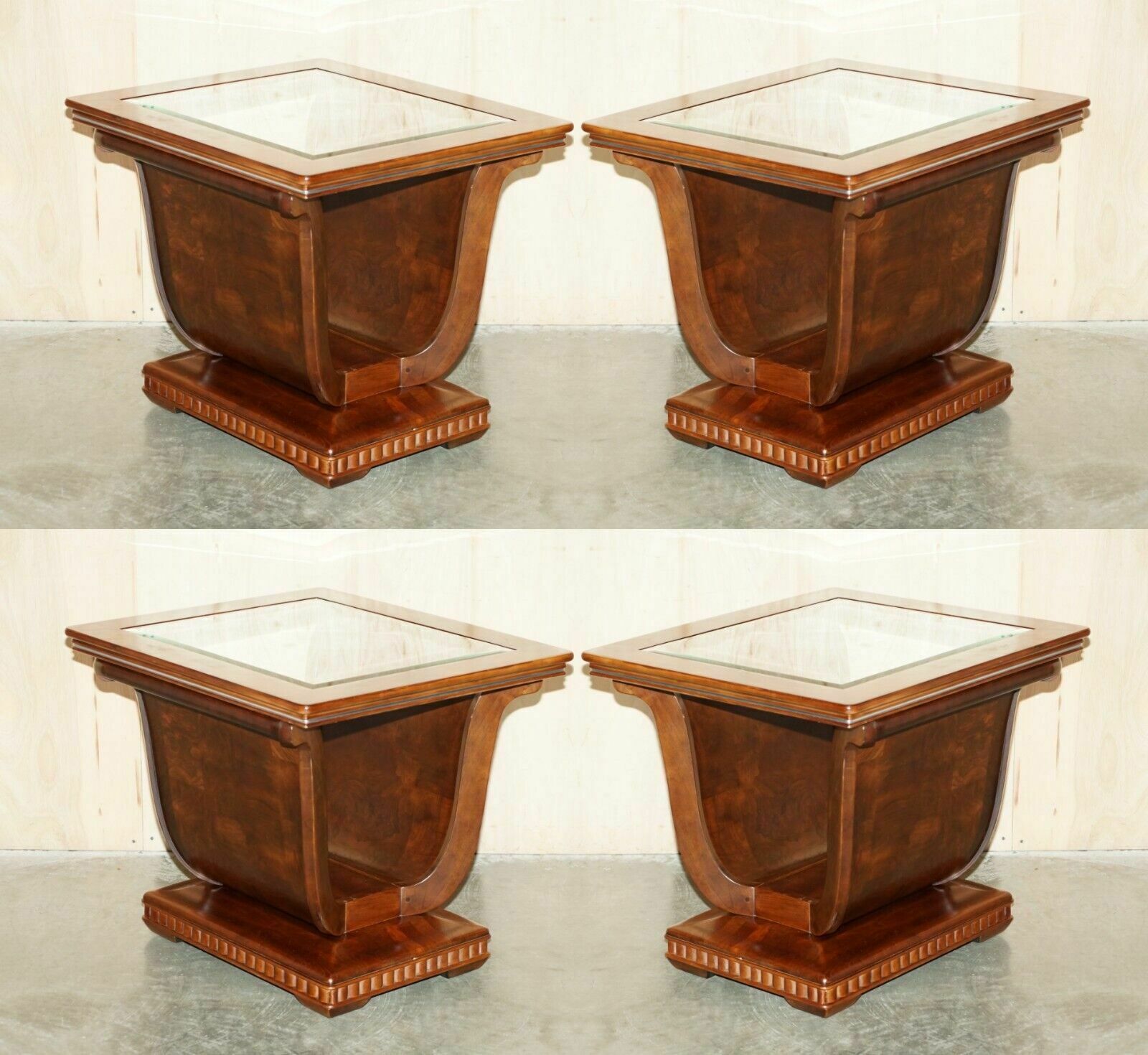 Four Large Tulip Shaped Glass Top Elm Side End Tables With Hidden Base Storage