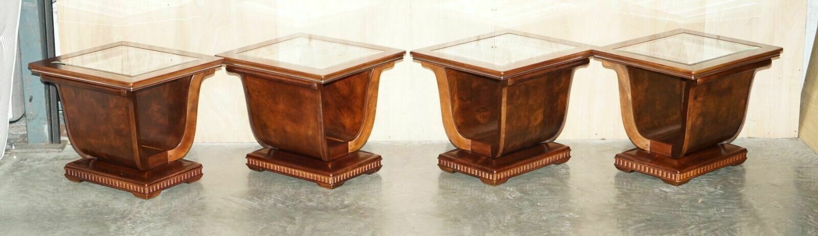 Four Large Tulip Shaped Glass Top Elm Side End Tables With Hidden Base Storage photo furniture