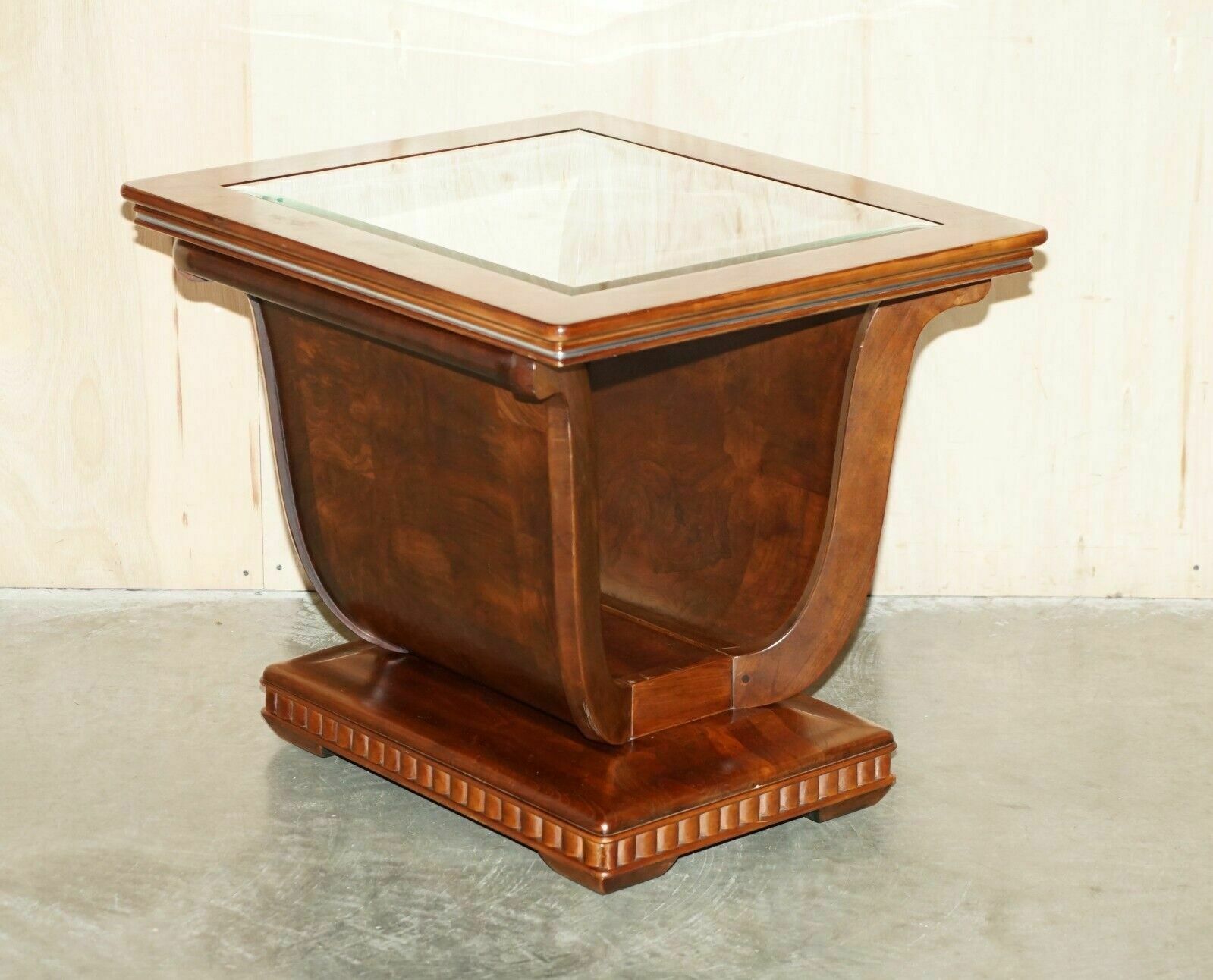Four Large Tulip Shaped Glass Top Elm Side End Tables With Hidden Base Storage photo for sale