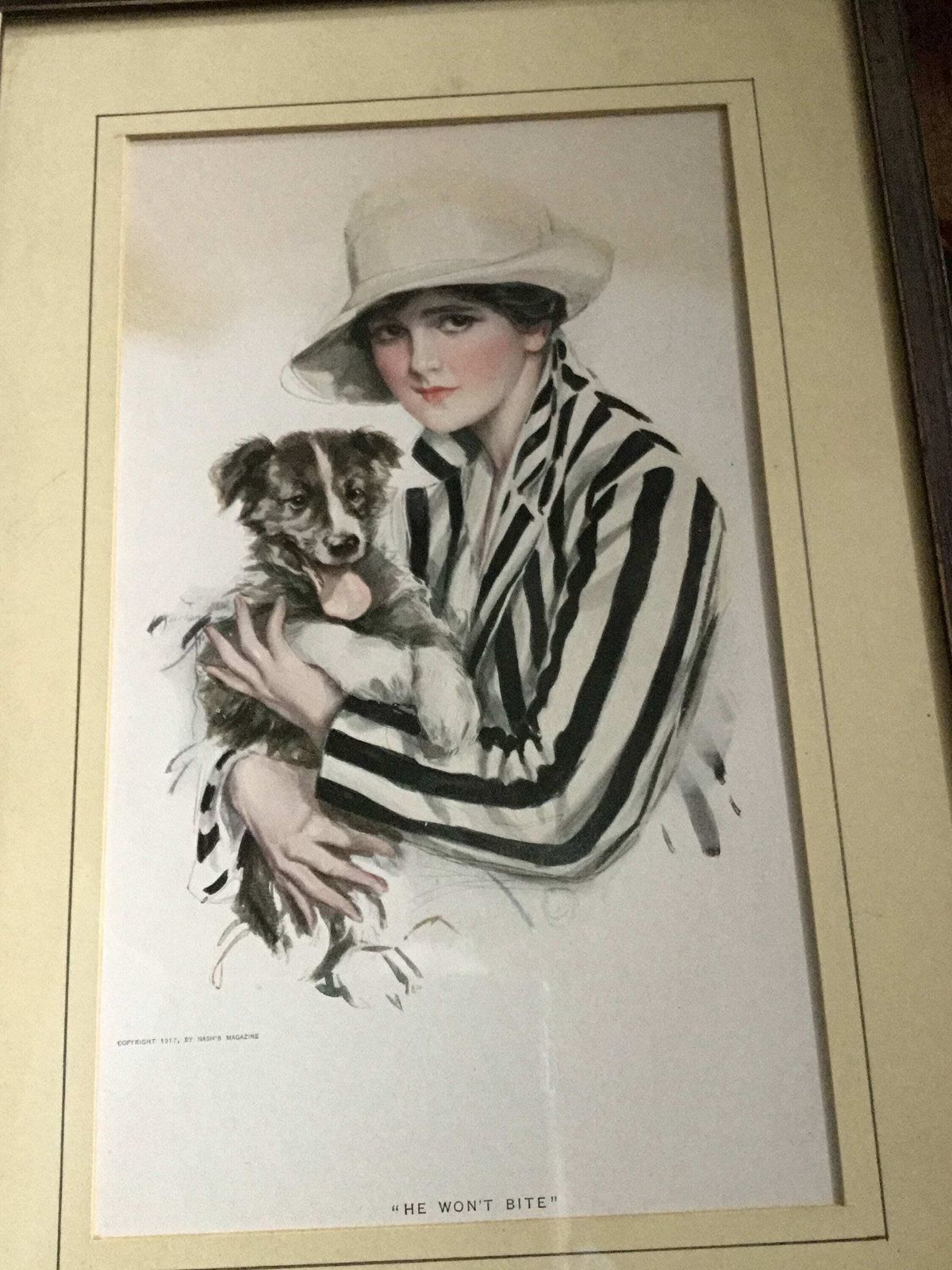 Gorgeous Art Deco Print By Harrison Fisher “He Won’t Bite” In Original Frame 25 X 37 Cms photo for sale
