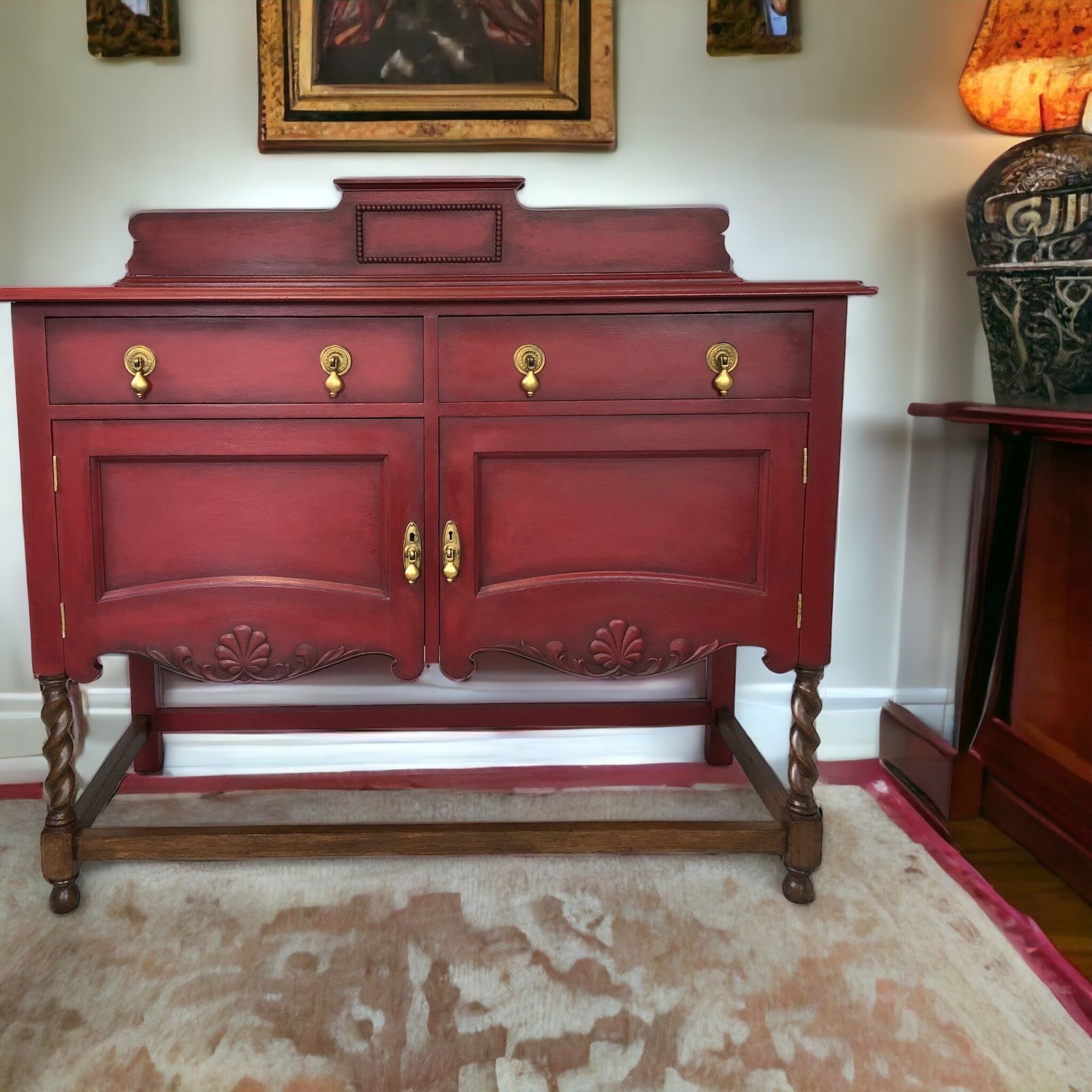 Lovely Refurbished Oak Antique Sideboard  Painted With Fusion Mineral Paint "Highlander" And Finished With Clear Wax And Aged With Black Wax .Top And Legs I Used Dark Oak Varnish