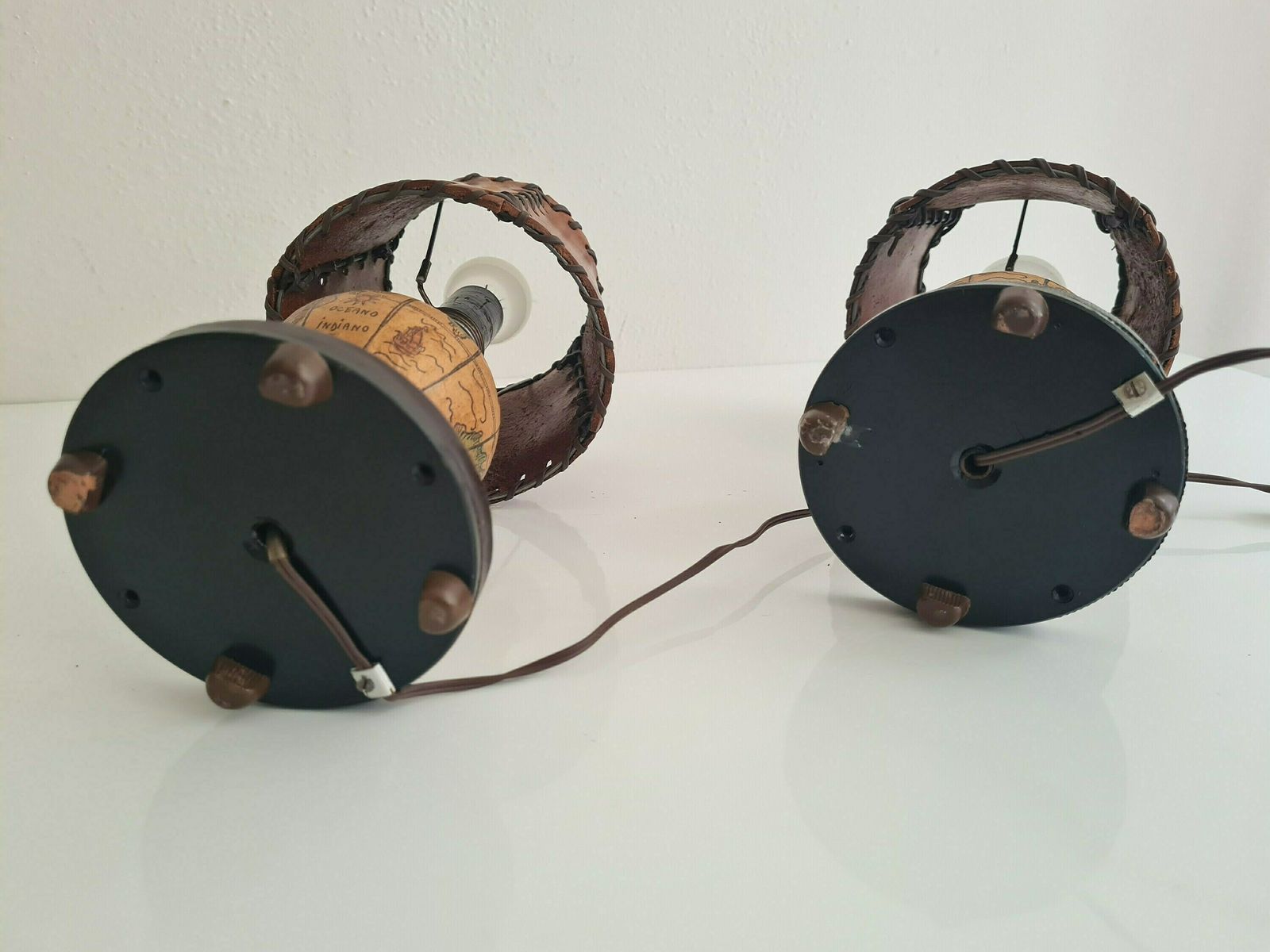 Vintage Mid Century Modern Pair Of Lamps Globes With Leather Shades photo Lighting