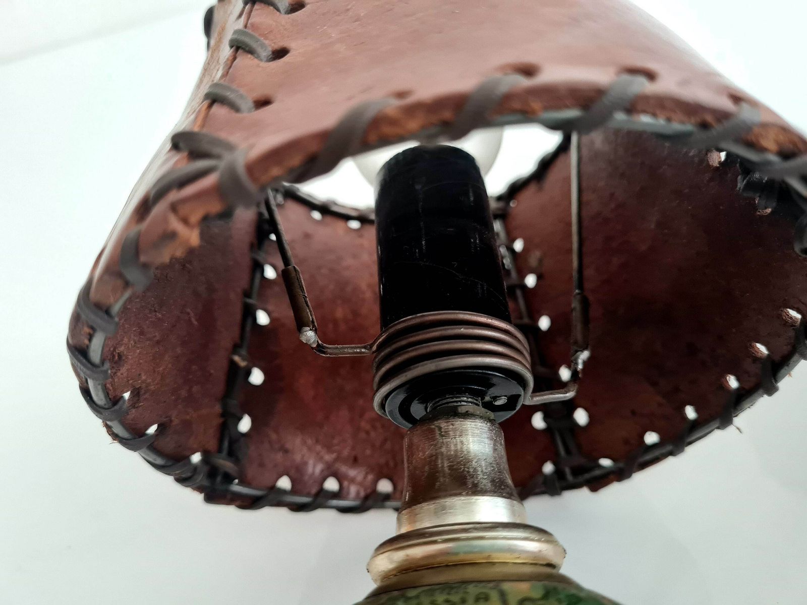 Vintage Mid Century Modern Pair Of Lamps Globes With Leather Shades photo vintage