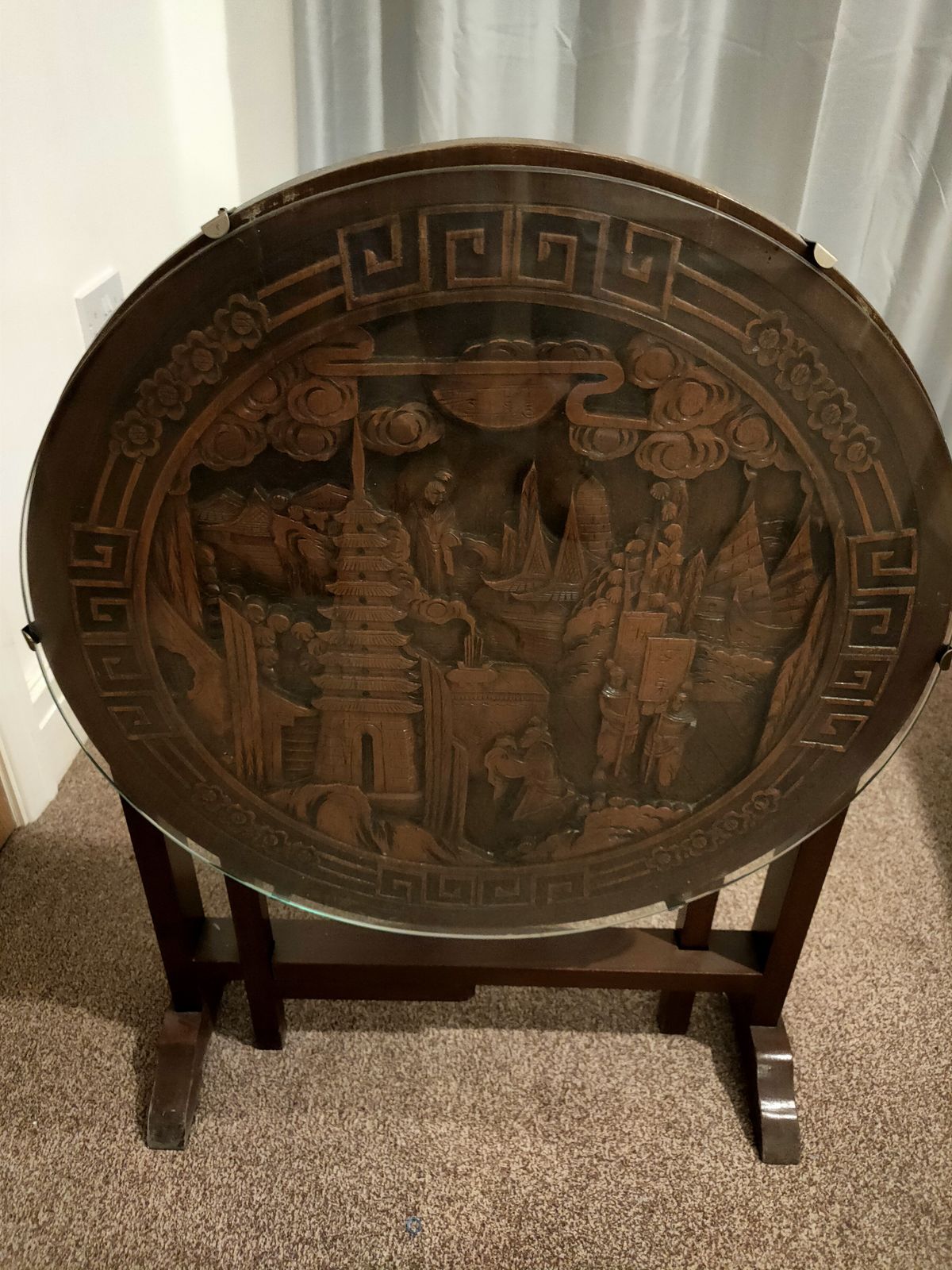 Chinese Carved Hardwood Tilt Top Glazed Gate Leg Tea Table With Carved Decorative Motifs Early 20th Century