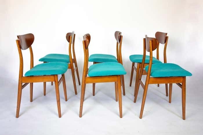 Mid Century Modern Dining Chairs With Blue Velvet Upholstery, Set Of 6, 1950s photo for sale