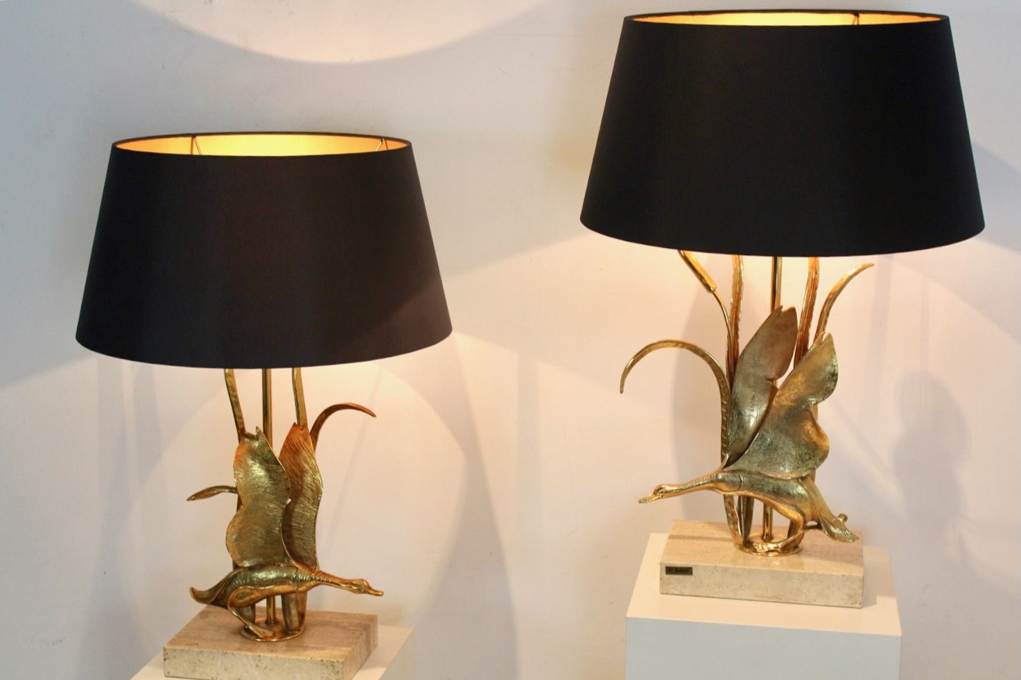 Travertine And Gilt Metal Wild Duck Table Lamps By Lanciotto Galeotti, Signed photo vintage