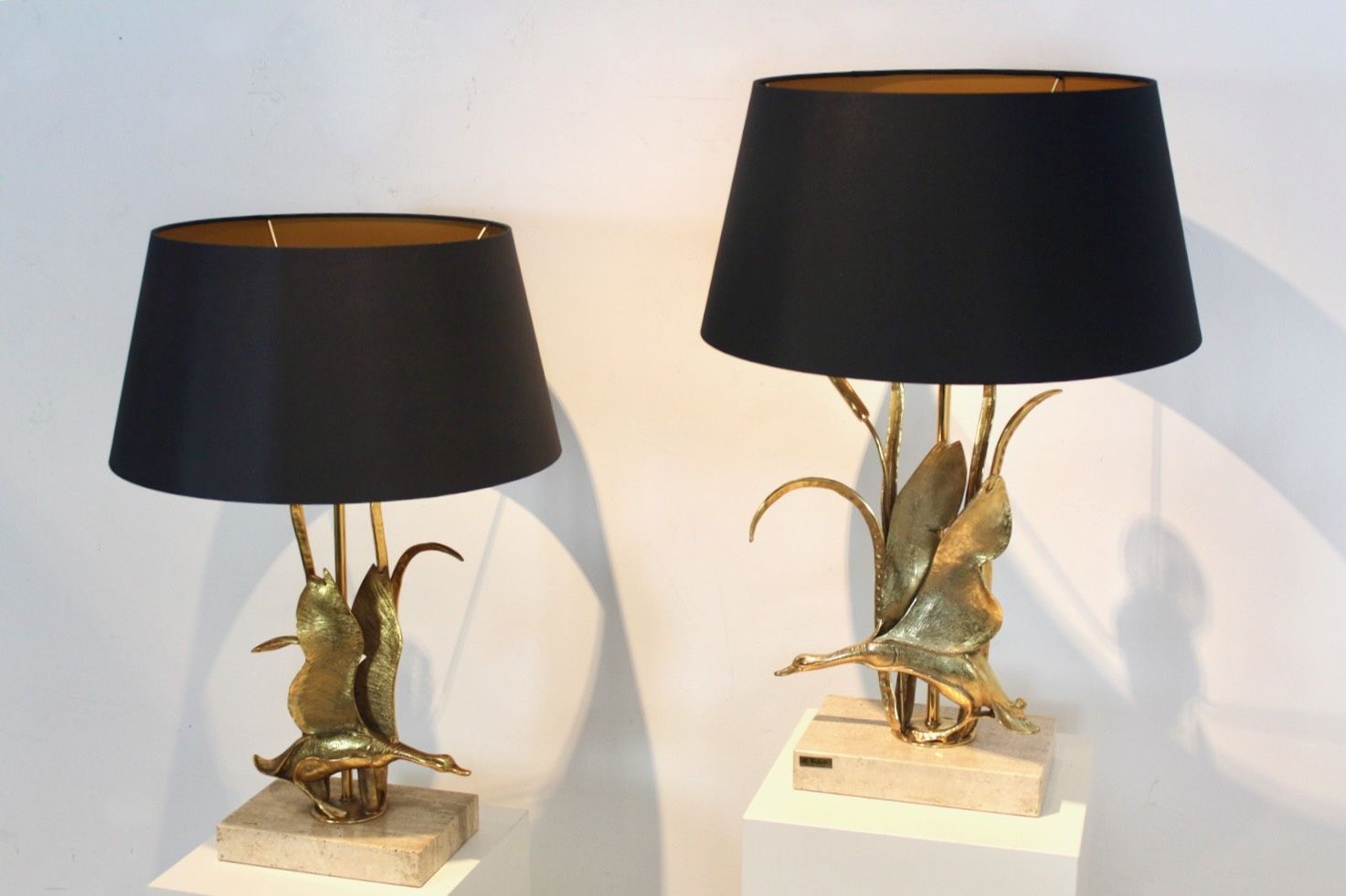 photo furniture Travertine And Gilt Metal Wild Duck Table Lamps By Lanciotto Galeotti, Signed