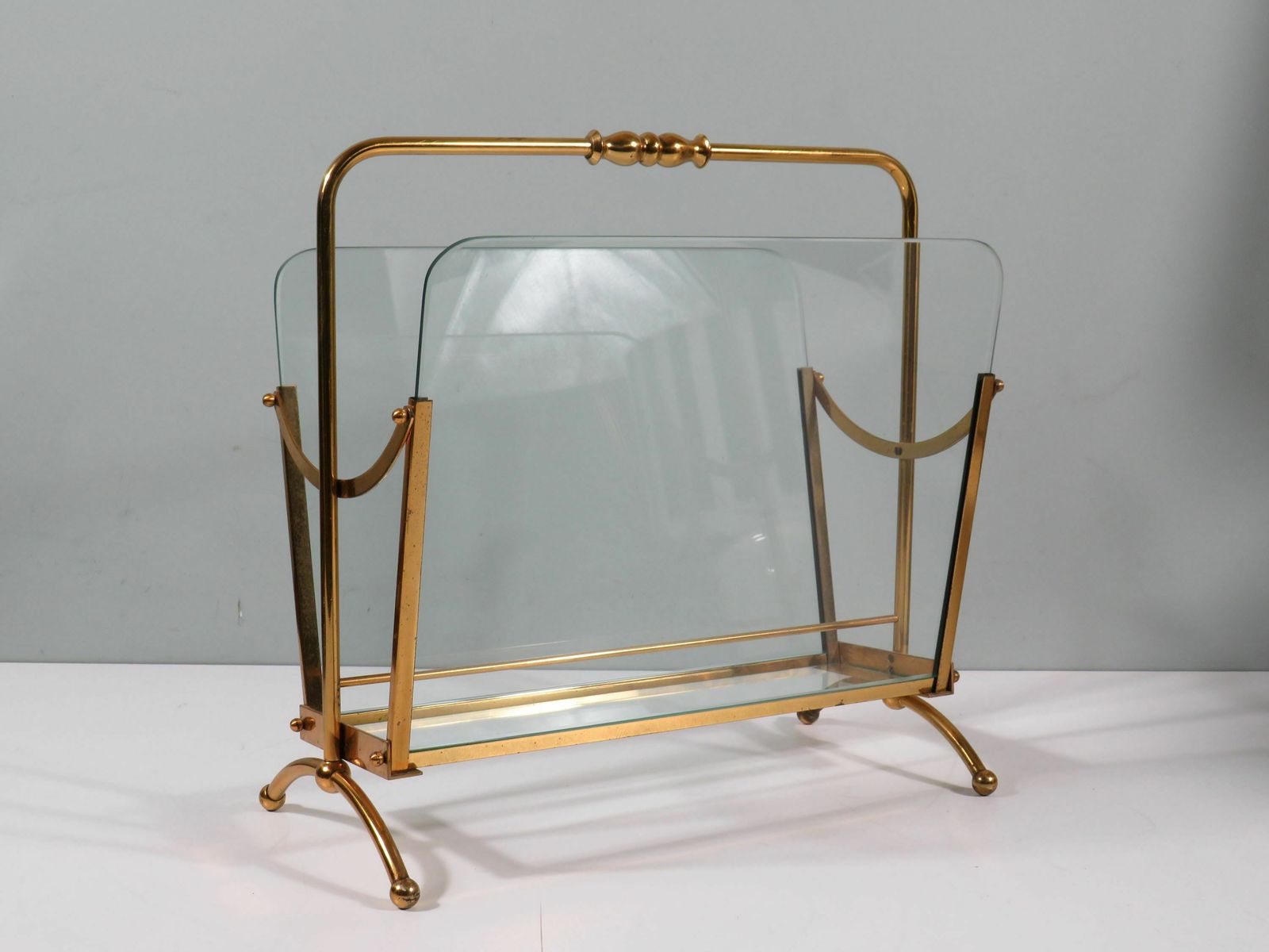 Vintage Magazine Rack, Brass And Glass, Italy 1950 1960 photo 380.0