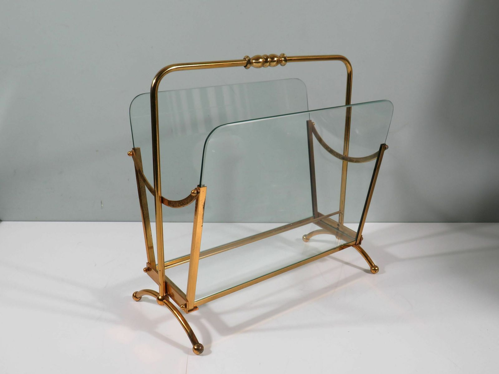 Vintage Magazine Rack, Brass And Glass, Italy 1950 1960