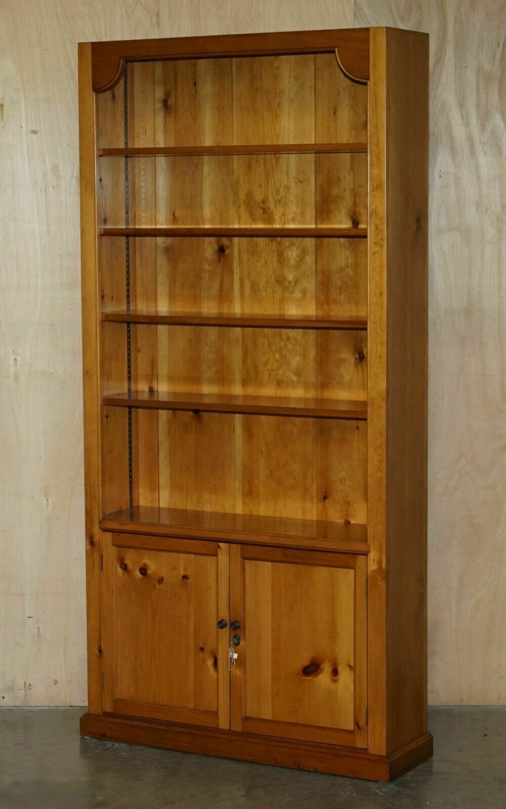 photo vinterior Pair Of Vintage Cherrywood Open Library Bookcases With Lockable Cupboard Bases