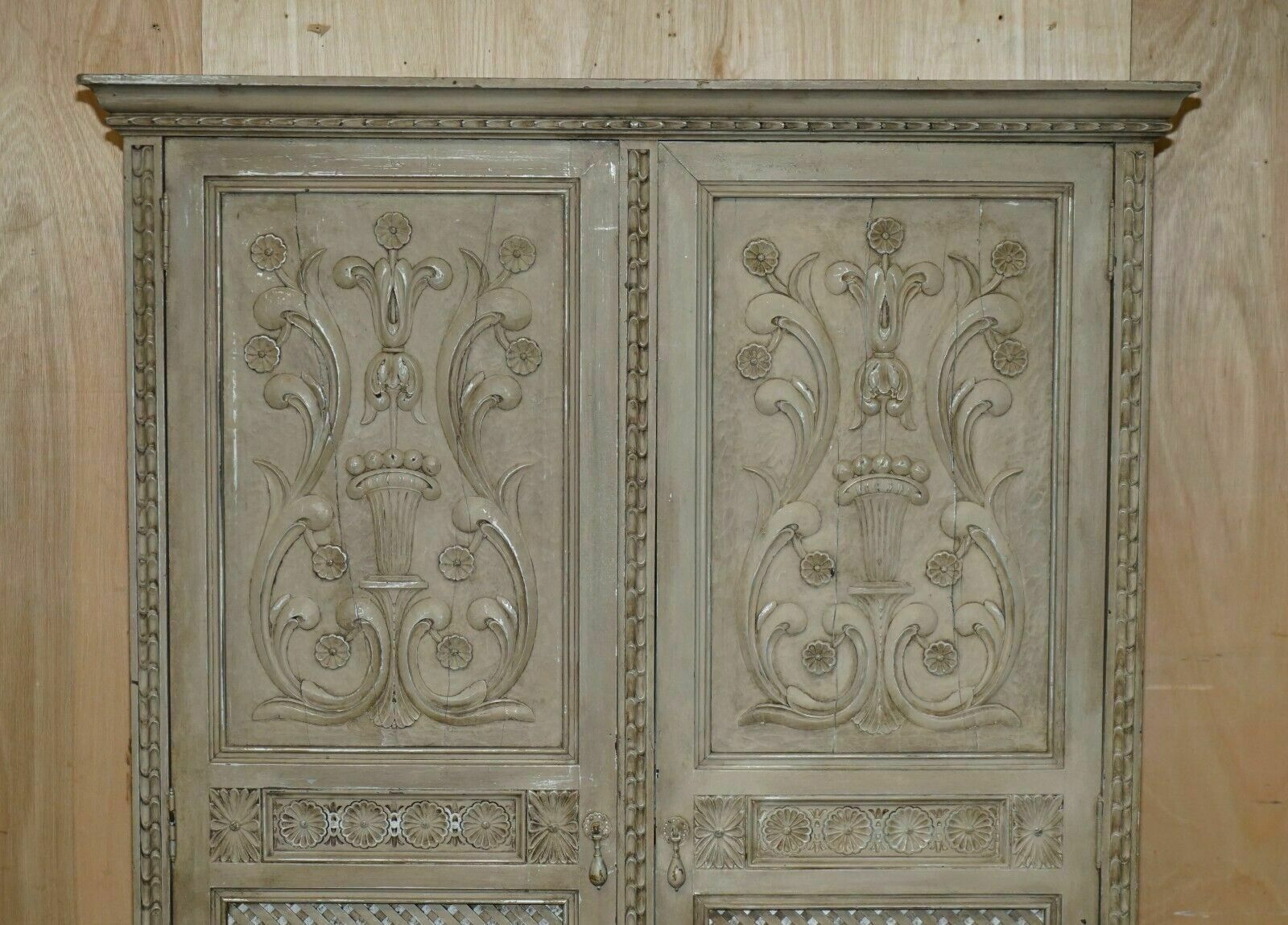 Antique Jacobean Revival Hand Carved Armoire Wardrobe With Grey French Paint photo for sale