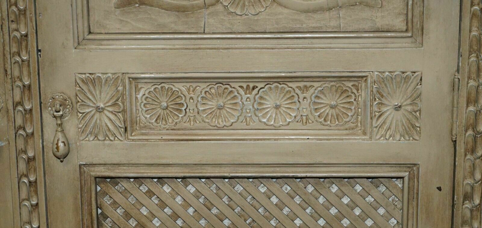 Antique Jacobean Revival Hand Carved Armoire Wardrobe With Grey French Paint photo vintage
