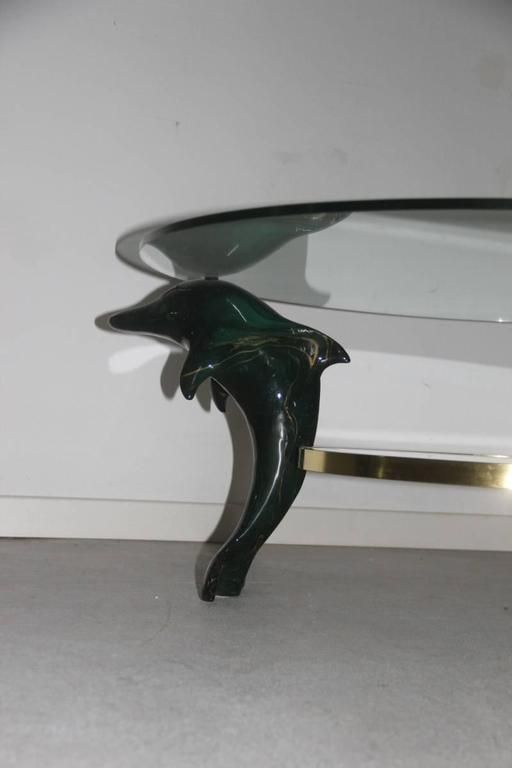 Italian Dolphins Coffee Table 1970, Wood Lacquered Green , Brass , Glass Round photo for sale