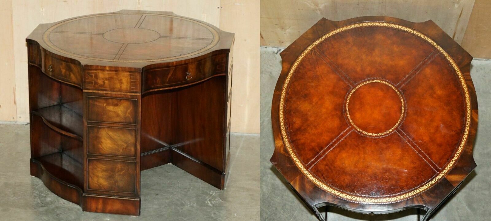 Exquisite Flamed Mahogany Hand Dyed Brown Leather Library Pedestal 2 Person Desk