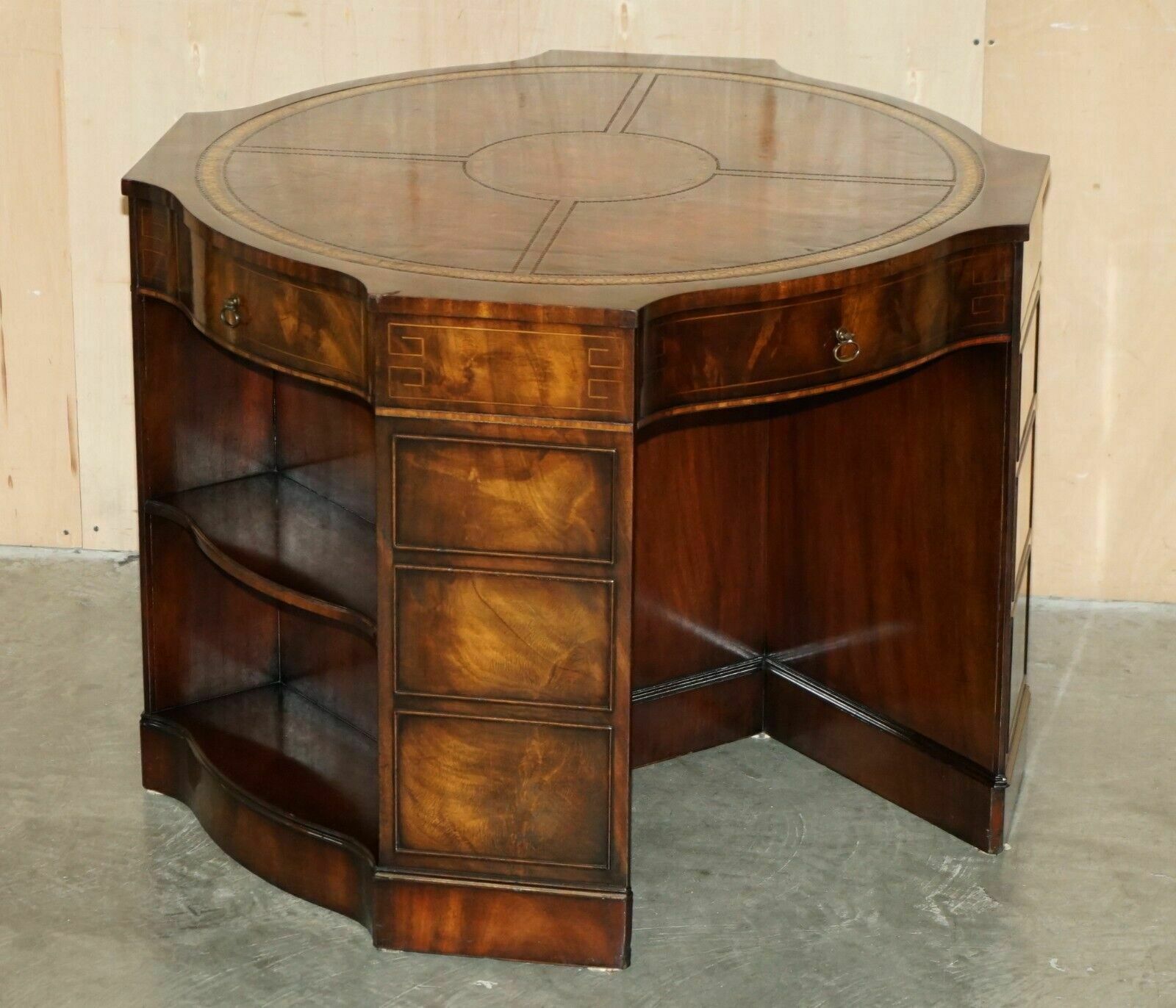 Exquisite Flamed Mahogany Hand Dyed Brown Leather Library Pedestal 2 Person Desk photo furniture