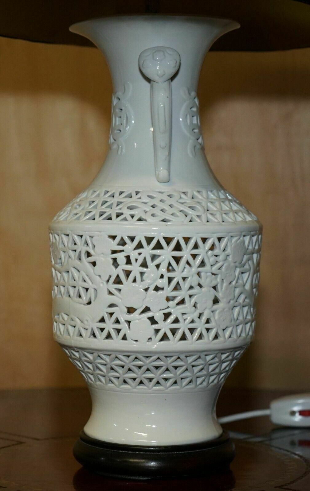 Vintage White Porcelain Chinese Style Lamp With Ornately Pierced Body photo vintage