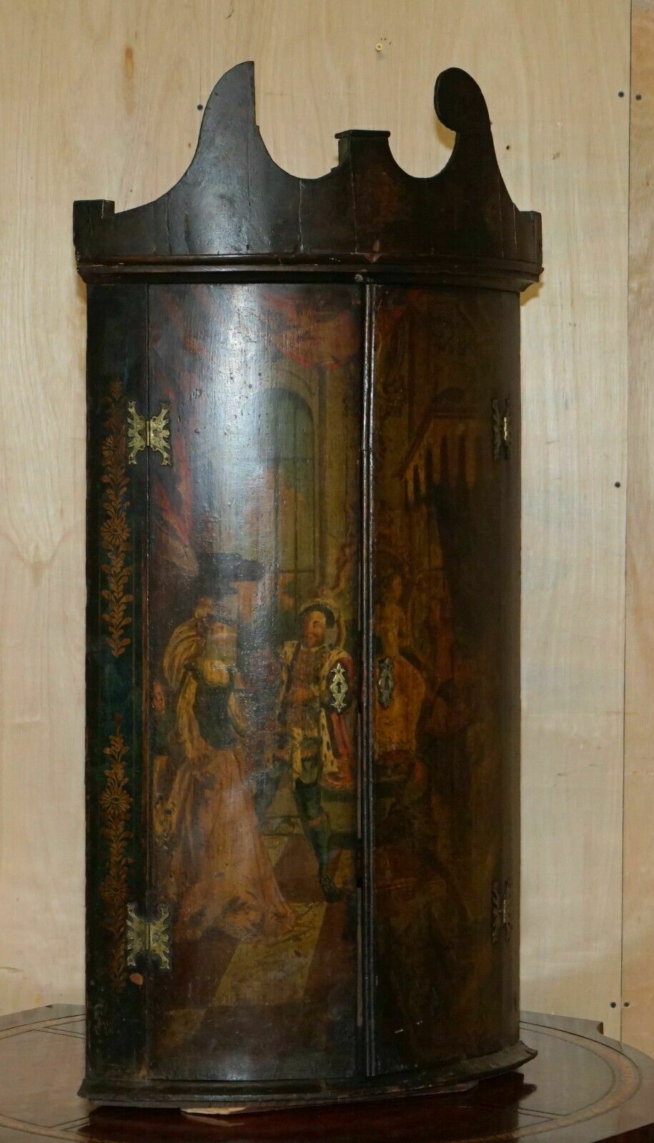 George I Circa 1700 Henry VIII Polychrome Painted Corner Wall Cabinet Must See photo furniture