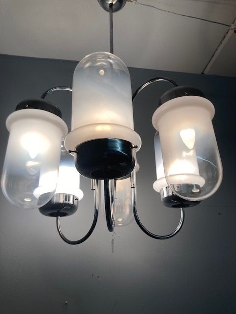 Vintage 70s Six Light Chrome And Murano Designer Chandelier. Electrified Modern Design photo Lighting
