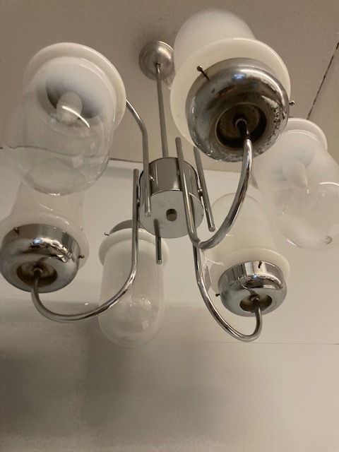 412.0 Vintage 70s Six Light Chrome And Murano Designer Chandelier. Electrified Modern Design photo