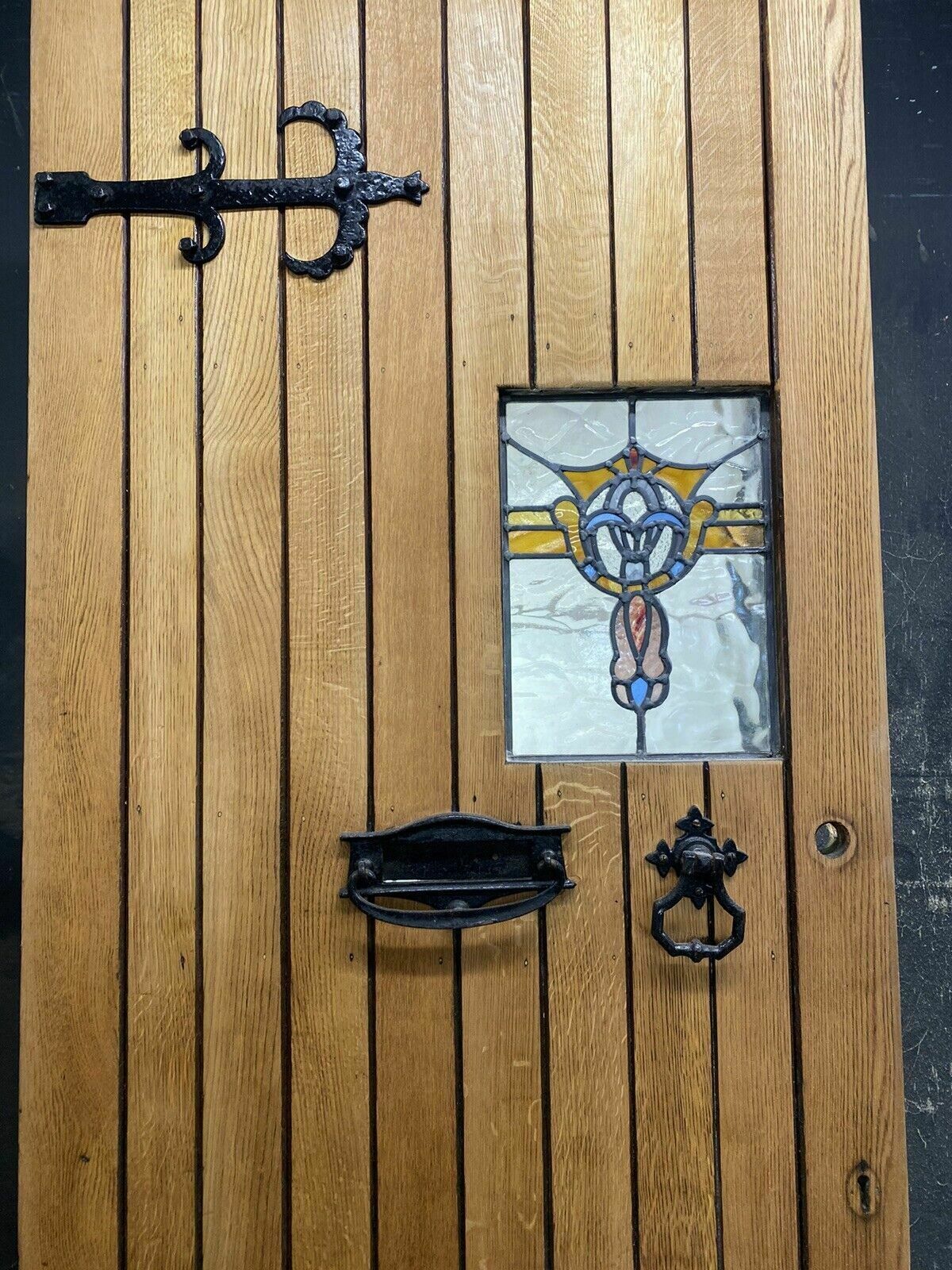 Solid Oak Front Door Stained Glass Old Period Antique Reclaimed Wood Cast Iron photo for sale
