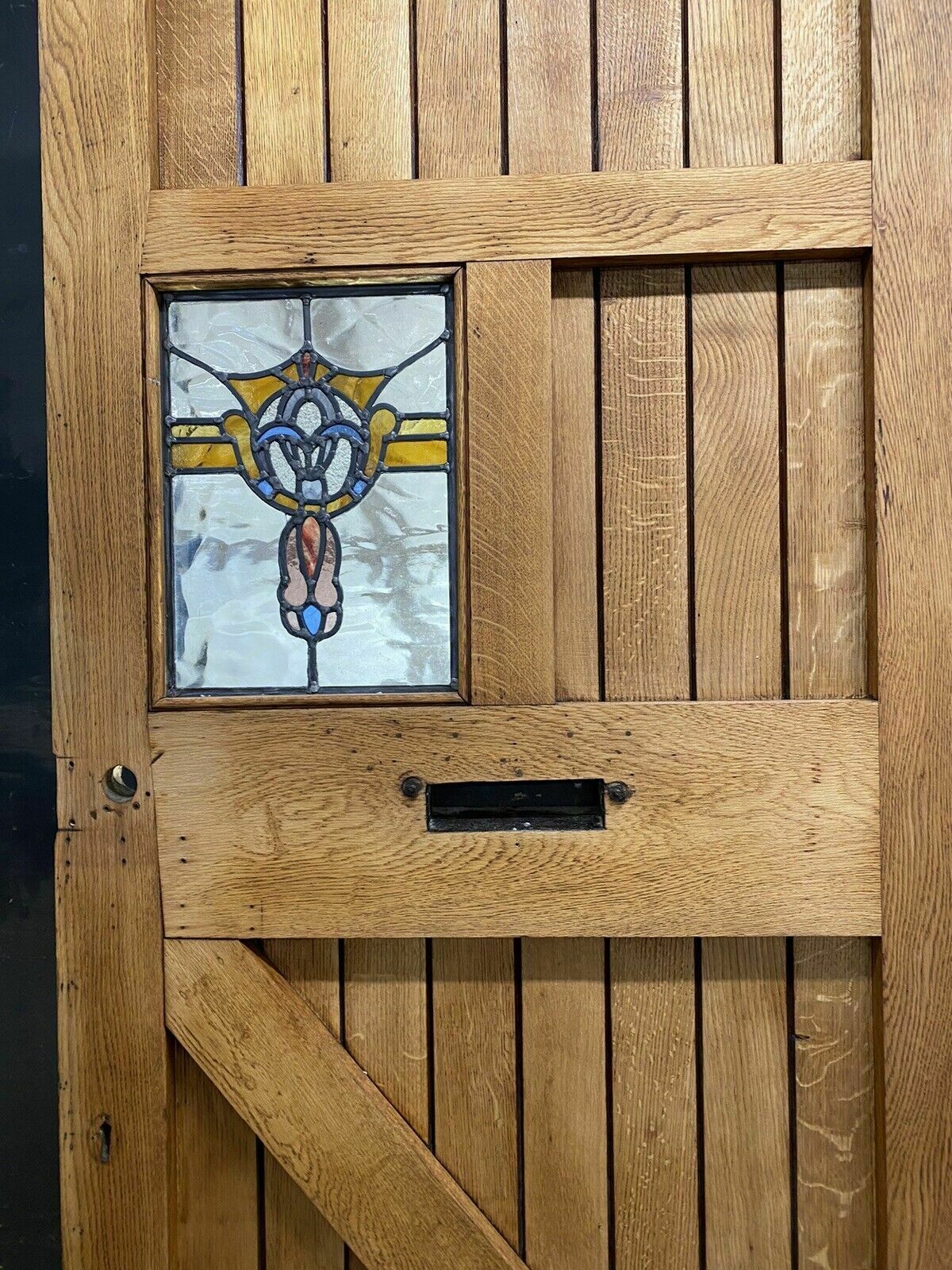 1593.0 Solid Oak Front Door Stained Glass Old Period Antique Reclaimed Wood Cast Iron photo