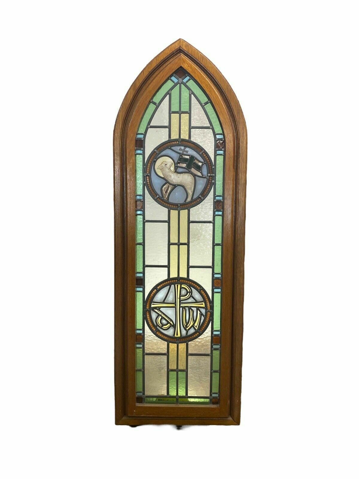 Exquisite Stained Glass Hand Painted Window Panel Old Restored Arched Teak Opens