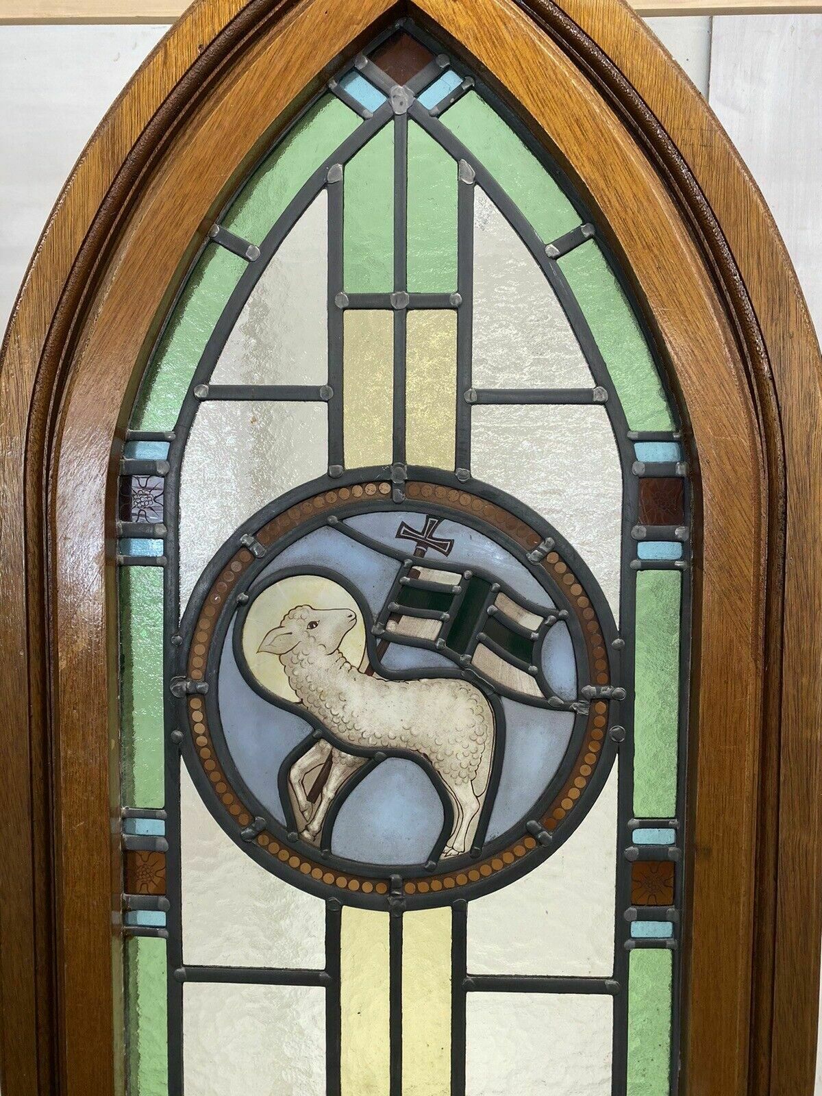 Exquisite Stained Glass Hand Painted Window Panel Old Restored Arched Teak Opens photo furniture