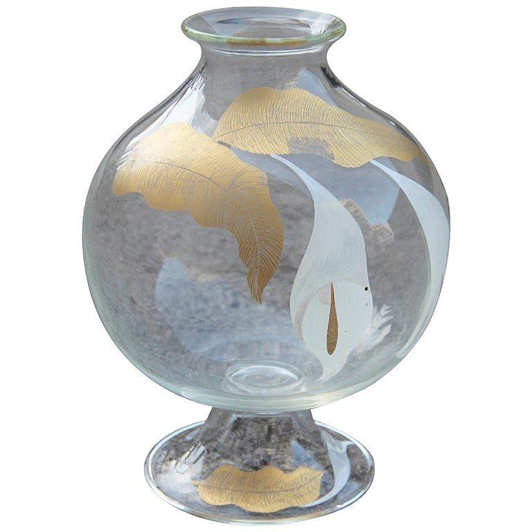Italian 1970s Murano Glass Vase, Transparent Glass With Calle Leaves And Flowers
