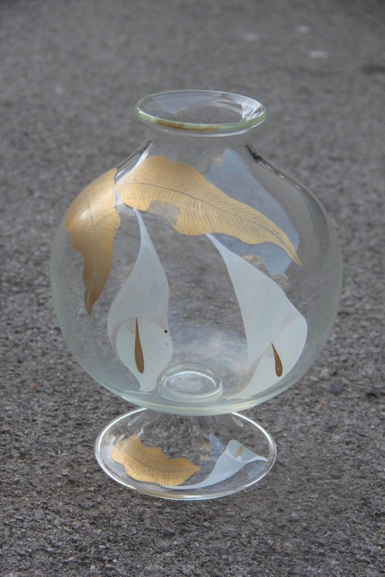 Italian 1970s Murano Glass Vase, Transparent Glass With Calle Leaves And Flowers photo 1070.0
