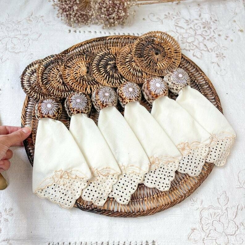 Rattan Placemat, Coasters, Embroidered Napkins And Cowrie Shell Napkin Ring ~ Vintage Placemat ~ Bohemian Table