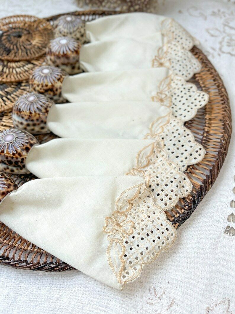 Rattan Placemat, Coasters, Embroidered Napkins And Cowrie Shell Napkin Ring ~ Vintage Placemat ~ Bohemian Table photo 65.0