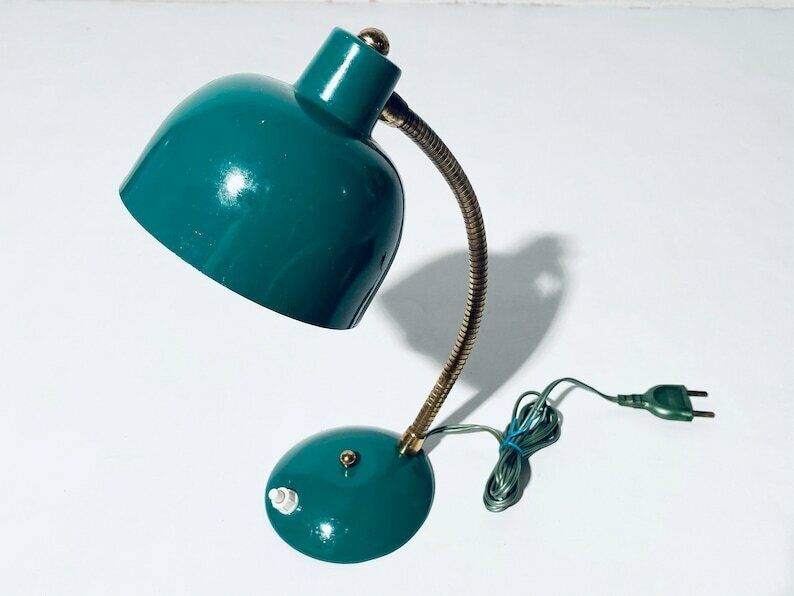 Small Industrial Green Metal Table Lamp / 1950s Mid Century Vintage Desk Decor