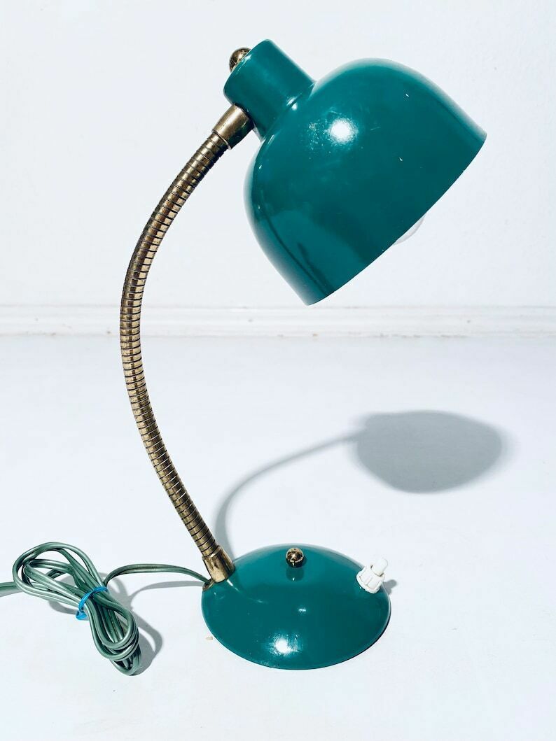 Small Industrial Green Metal Table Lamp / 1950s Mid Century Vintage Desk Decor photo vinterior