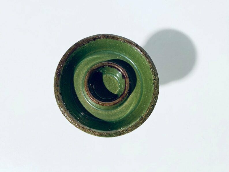 photo for sale Green Ceramic Candleholder With Plinth / 1960s 70s Scandinavian Decor
