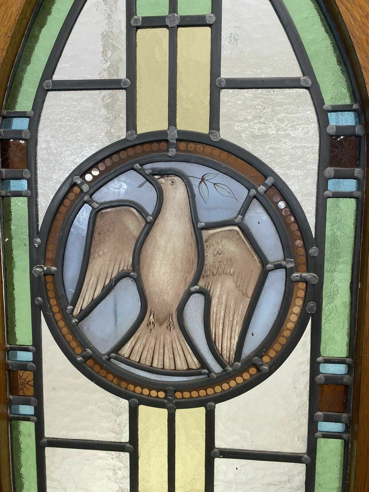 Exquisite Stained Glass Hand Painted Window Panel Old Restored Arched Teak Opens photo for sale