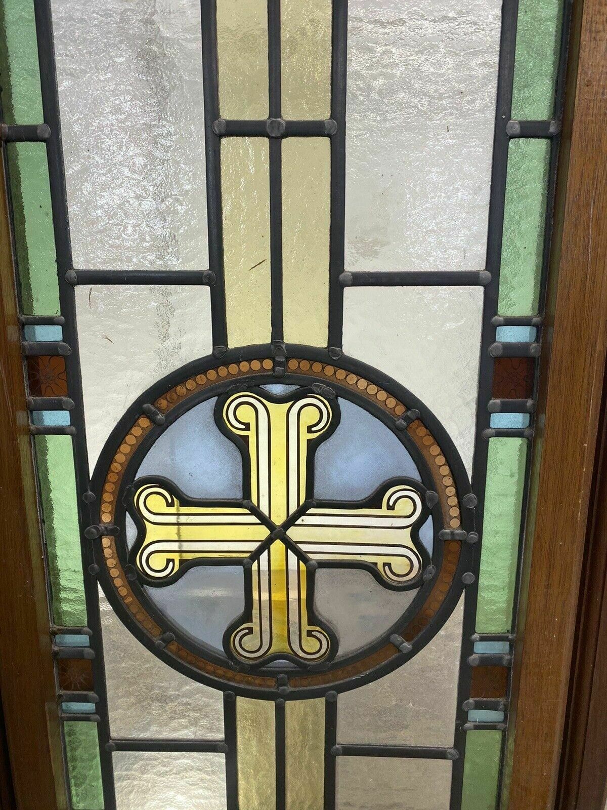 Exquisite Stained Glass Hand Painted Window Panel Old Restored Arched Teak Opens photo 2655.0
