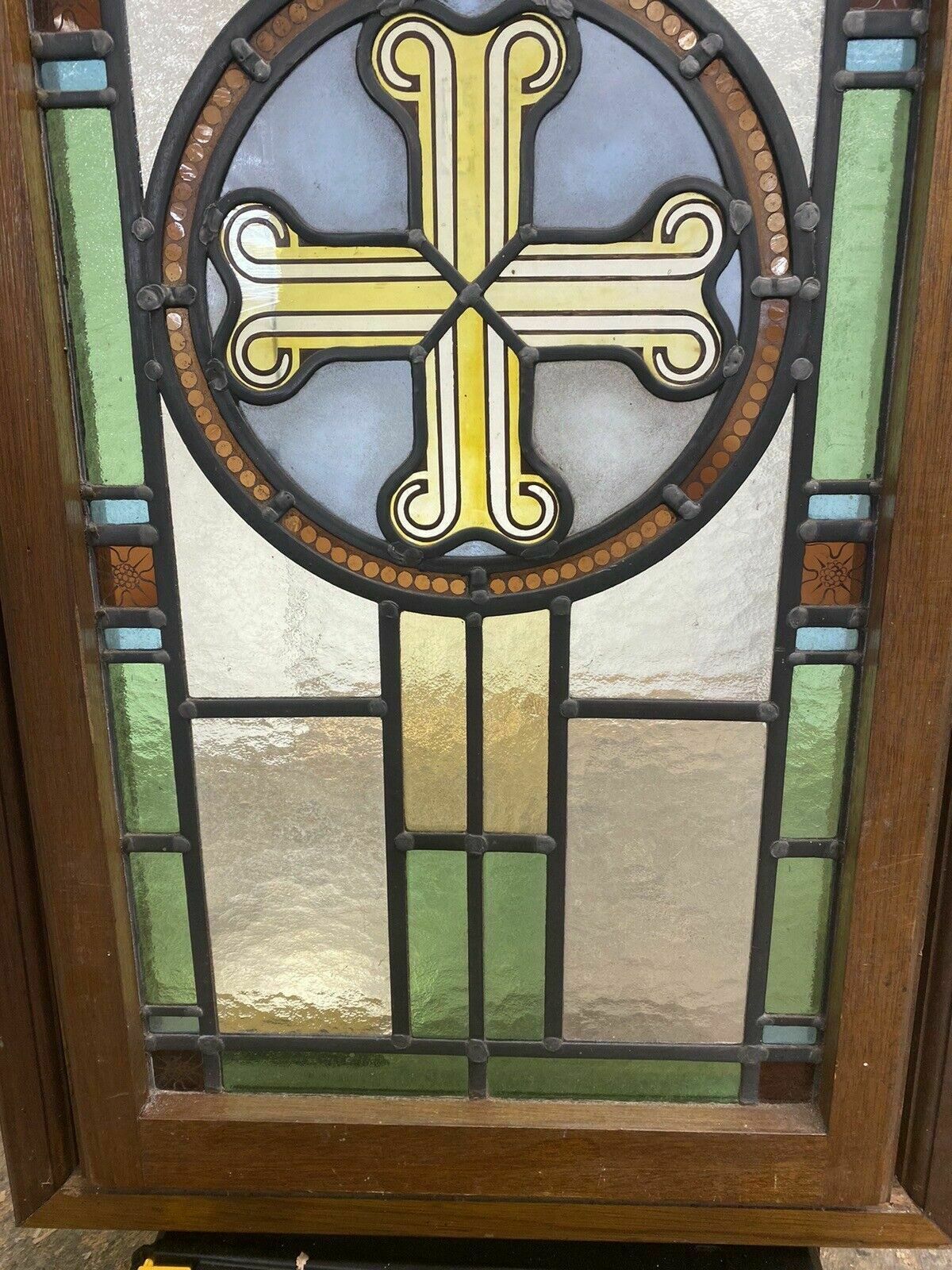 Exquisite Stained Glass Hand Painted Window Panel Old Restored Arched Teak Opens photo vinterior