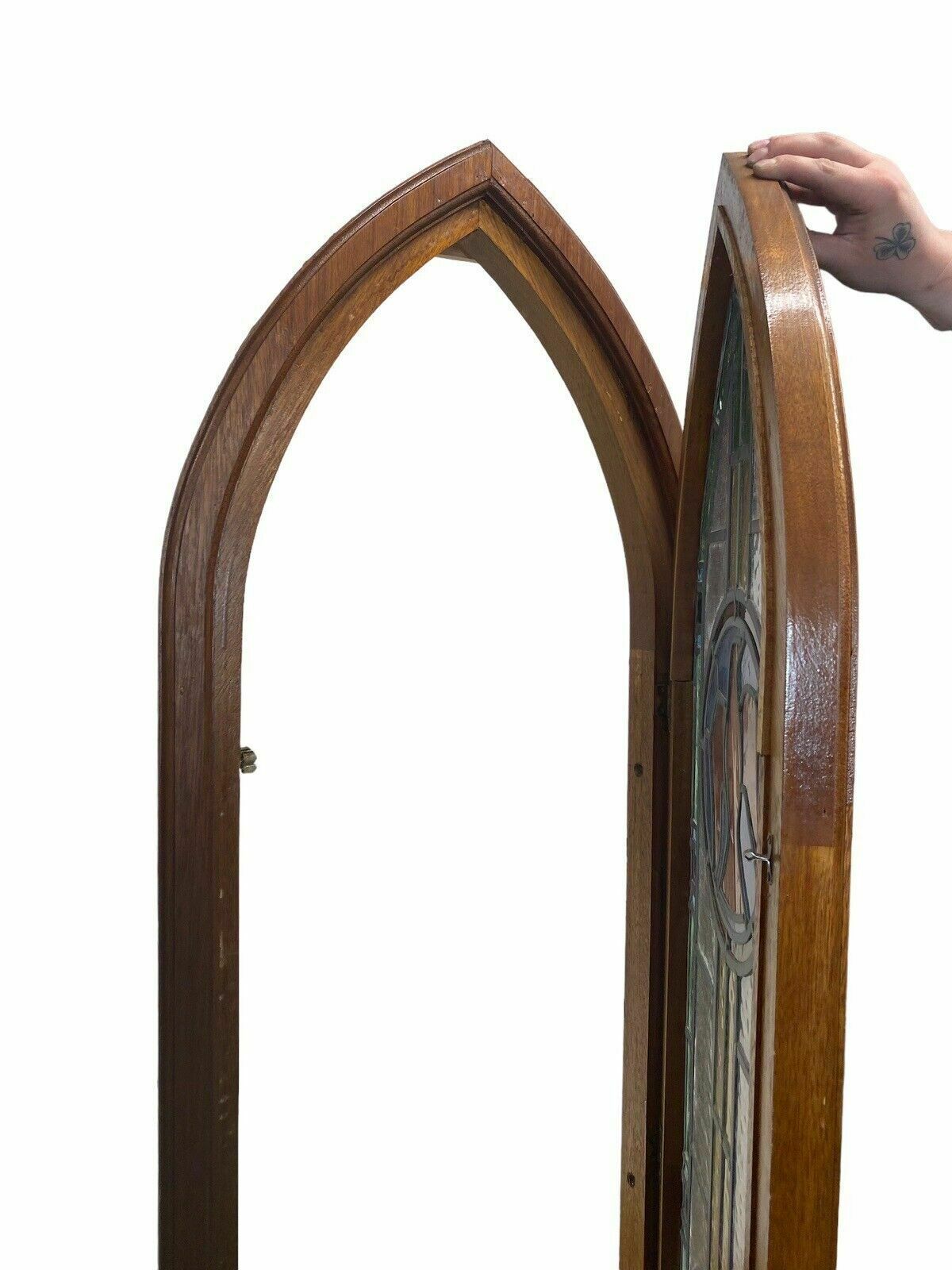 Exquisite Stained Glass Hand Painted Window Panel Old Restored Arched Teak Opens photo buy
